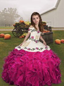  Fuchsia Ball Gowns Organza Straps Sleeveless Embroidery and Ruffles Floor Length Lace Up Little Girls Pageant Dress Wholesale