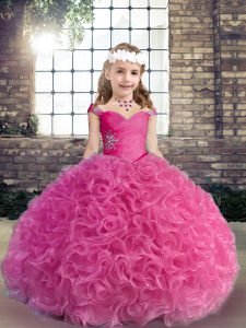Popular Straps Sleeveless Little Girl Pageant Gowns Floor Length Beading and Ruching Fuchsia Fabric With Rolling Flowers