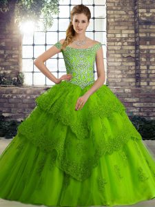 High End Green Ball Gowns Tulle Off The Shoulder Sleeveless Beading and Lace Lace Up Quince Ball Gowns Brush Train