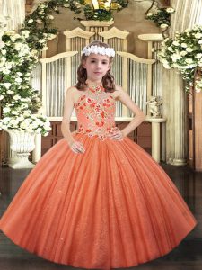Custom Made Orange Ball Gowns Appliques Little Girl Pageant Gowns Lace Up Tulle Sleeveless Floor Length