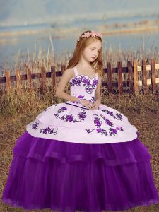  Sleeveless Floor Length Embroidery Lace Up Little Girls Pageant Dress Wholesale with Eggplant Purple