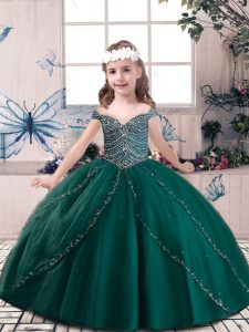  Sleeveless Floor Length Beading Lace Up Girls Pageant Dresses with Dark Green
