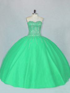 Ideal Floor Length Lace Up 15th Birthday Dress Green for Sweet 16 and Quinceanera with Beading