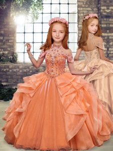  Orange Sleeveless Floor Length Beading and Ruffles Lace Up Little Girls Pageant Gowns