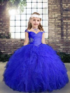  Blue Tulle Lace Up Straps Sleeveless Floor Length Little Girls Pageant Gowns Beading and Ruffles