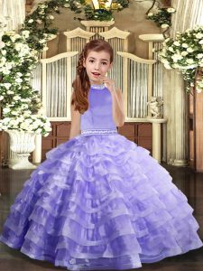  Lavender Little Girls Pageant Dress Wholesale Party and Sweet 16 and Wedding Party with Beading and Ruffled Layers Halter Top Sleeveless Backless