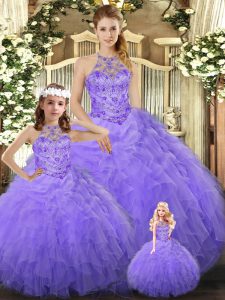  Halter Top Sleeveless Sweet 16 Quinceanera Dress Floor Length Beading and Ruffles Lavender Tulle