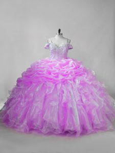 Flirting Lilac Organza Lace Up 15th Birthday Dress Sleeveless Brush Train Beading and Ruffles and Pick Ups