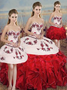 Exceptional White And Red Sleeveless Floor Length Embroidery and Ruffles and Bowknot Lace Up Quinceanera Gown