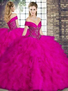 Dynamic Fuchsia Sleeveless Floor Length Beading and Ruffles Lace Up Sweet 16 Dresses