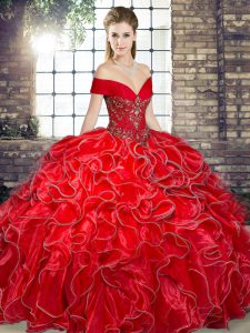Sophisticated Floor Length Red Sweet 16 Dresses Organza Sleeveless Beading and Ruffles