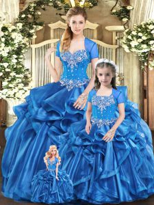  Blue Sweetheart Lace Up Beading and Ruffles Quinceanera Dresses Sleeveless