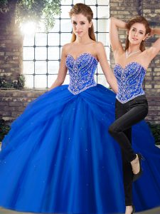  Royal Blue Sleeveless Tulle Brush Train Lace Up Quinceanera Gowns for Military Ball and Sweet 16 and Quinceanera