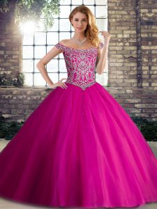  Brush Train Ball Gowns Quinceanera Dresses Fuchsia Off The Shoulder Tulle Sleeveless Lace Up