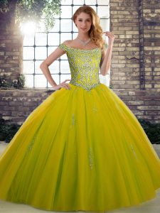  Olive Green Ball Gowns Tulle Off The Shoulder Sleeveless Beading Floor Length Lace Up Quinceanera Gown