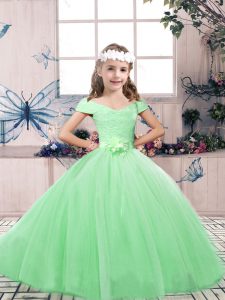 Attractive Tulle Lace Up Off The Shoulder Sleeveless Floor Length Little Girls Pageant Dress Wholesale Lace and Belt