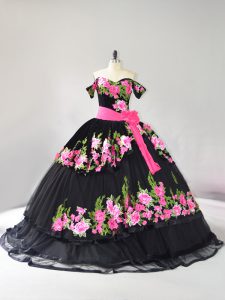 Edgy Off The Shoulder Sleeveless Tulle Vestidos de Quinceanera Embroidery Brush Train Lace Up