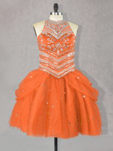 Unique Sleeveless Tulle Mini Length Lace Up Prom Gown in Orange Red with Beading
