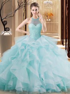 Gorgeous Light Blue 15 Quinceanera Dress Sweet 16 and Quinceanera with Embroidery and Ruffles Halter Top Sleeveless Brush Train Lace Up