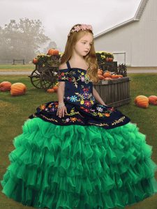 Glorious Floor Length Lace Up Kids Formal Wear Green for Party and Wedding Party with Embroidery