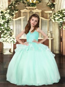 Classical Straps Sleeveless Little Girl Pageant Gowns Floor Length Beading Aqua Blue Organza