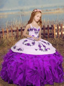 Inexpensive Purple Organza Lace Up Little Girl Pageant Dress Sleeveless Floor Length Embroidery
