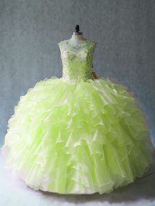  Yellow Green Scoop Neckline Beading and Ruffles Quince Ball Gowns Sleeveless Lace Up