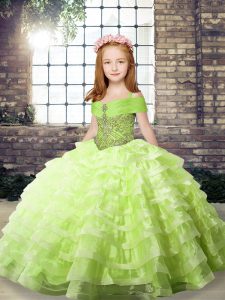 Trendy Yellow Green Ball Gowns Organza Straps Sleeveless Beading and Ruffled Layers Lace Up Girls Pageant Dresses Brush Train