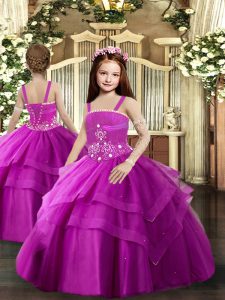 Stylish Ball Gowns Girls Pageant Dresses Fuchsia Straps Tulle Sleeveless Floor Length Lace Up