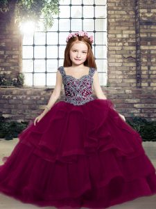 Cheap Fuchsia Little Girls Pageant Gowns Party and Wedding Party with Beading and Ruffles Straps Sleeveless Lace Up
