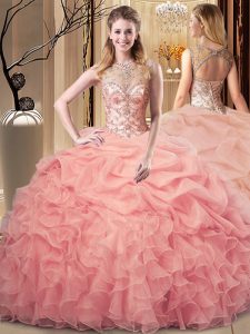 Excellent Peach Sweet 16 Dresses Sweet 16 and Quinceanera with Beading and Ruffles and Pick Ups Scoop Sleeveless Lace Up