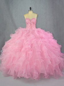  Floor Length Pink Sweet 16 Dresses Organza Sleeveless Beading and Ruffles