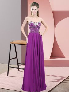 Dynamic Purple Sleeveless Floor Length Beading Zipper Prom Party Dress