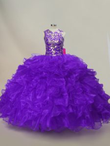  Purple Sleeveless Floor Length Ruffles and Sequins Lace Up Ball Gown Prom Dress