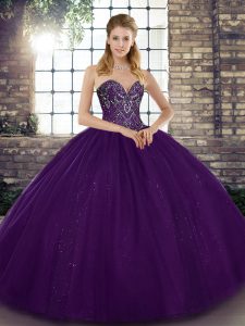  Purple Ball Gowns Tulle Sweetheart Sleeveless Beading Floor Length Lace Up Quinceanera Dress