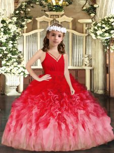 Attractive Red and Multi-color V-neck Zipper Ruffles Little Girls Pageant Dress Sleeveless