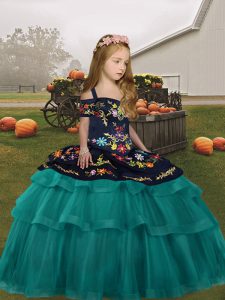 Custom Designed Spaghetti Straps Sleeveless Tulle Little Girl Pageant Gowns Embroidery and Ruffled Layers Lace Up