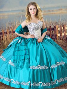 Modest Floor Length Ball Gowns Sleeveless Aqua Blue Quinceanera Gowns Lace Up