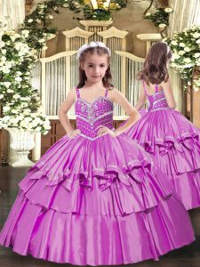 Trendy Lilac Little Girl Pageant Dress Party and Wedding Party with Beading Straps Sleeveless Lace Up