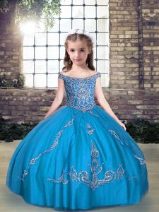  Aqua Blue Lace Up Off The Shoulder Beading and Appliques Child Pageant Dress Tulle Sleeveless