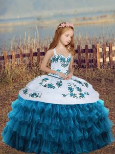  Sleeveless Lace Up Floor Length Embroidery and Ruffled Layers Little Girls Pageant Dress