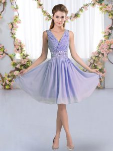 Attractive Beading Dama Dress for Quinceanera Lavender Zipper Sleeveless Knee Length