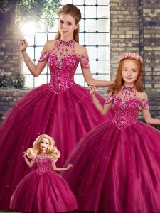 Perfect Sleeveless Beading Lace Up Quinceanera Dress with Fuchsia Brush Train
