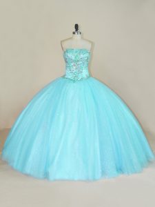 On Sale Aqua Blue Lace Up 15 Quinceanera Dress Beading Sleeveless Floor Length