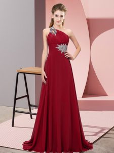 Most Popular Wine Red Prom Gown Prom and Party and Military Ball with Beading One Shoulder Sleeveless Brush Train Lace Up