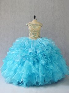  Baby Blue Ball Gowns Ruffles Quince Ball Gowns Lace Up Organza Sleeveless Floor Length