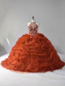 Lovely Court Train Ball Gowns 15th Birthday Dress Brown Halter Top Organza Sleeveless Lace Up