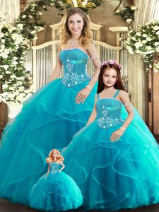 Fantastic Ball Gowns Sweet 16 Quinceanera Dress Aqua Blue Strapless Tulle Sleeveless Floor Length Lace Up