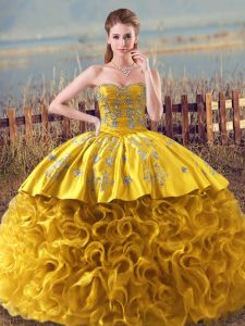  Gold Ball Gown Prom Dress Sweet 16 and Quinceanera with Embroidery and Ruffles Sweetheart Sleeveless Lace Up