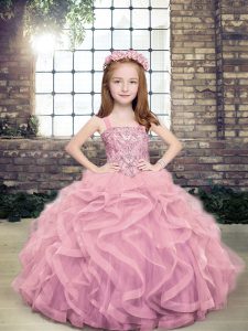 Super Beading and Ruffles Kids Formal Wear Lilac Lace Up Sleeveless Floor Length